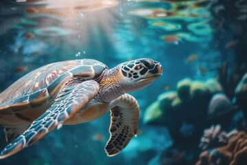 Fototapeta premium sea turtle swimming underwater marine life ocean conservation concept photo