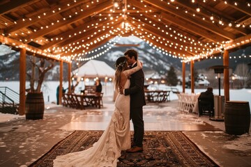 A newlywed couple shares a romantic dance under twinkling lights in a beautiful, rustic outdoor setting surrounded by mountains and snow.