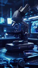 Fototapeta premium A black microscope is on a table in a lab. The lab is filled with monitors and other equipment