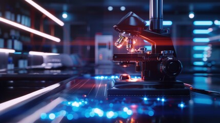 A microscope is lit up with a blue and red glow. The image is of a laboratory setting with a black and white background. The microscope is the main focus of the image, and it is in use