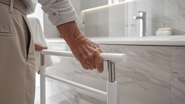 Elderly Man Utilizing Handrail for Bathroom Safety and Accessibility
