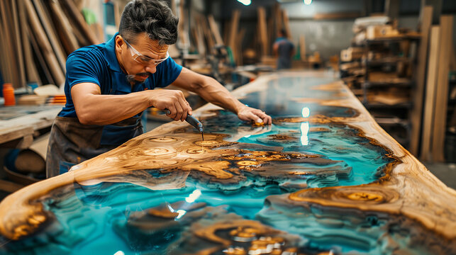 A craftsman creating a table from a wood slab and epoxy resin