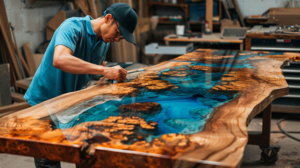 A skilled woodworker making a table with slab wood and epoxy resin