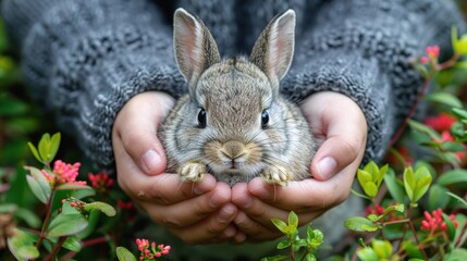 Naklejka premium Person holding a cute baby rabbit in gentle hands, surrounded by vibrant green and red foliage during a beautiful outdoor setting.