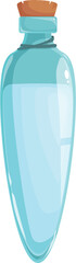 Cartoon illustration of a magic potion bottle with a cork, containing a mysterious blue liquid