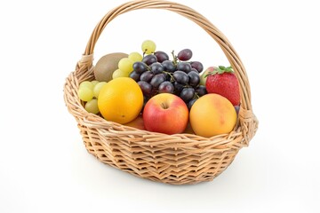 fruits in gift basket,full basket with white background ,AI generative illustration 