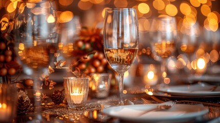 Elegantly set dining table with festive string lights, champagne glasses, and candles, creating a warm and inviting holiday atmosphere.