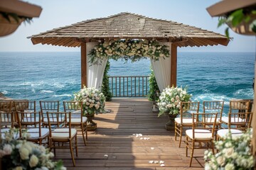 Beautiful oceanfront wedding venue with floral decorations and wooden chairs, perfect for a picturesque ceremony by the sea.