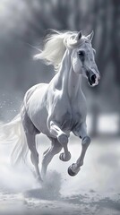 Majestic white horse races through the water, its mane billowing in the wind, evoking freedom and movement, showcasing nature's beauty and the wild spirit of this equine creature in action