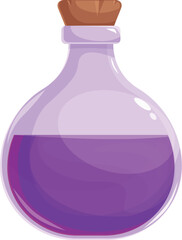 Cartoon style illustration of a round glass flask containing glowing purple potion with cork stopper, isolated on white