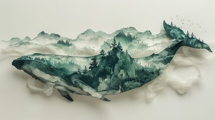 Obraz premium Tropical landscape with ocean, whale and island. 