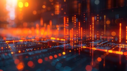 A finance graph with digital data points and futuristic elements close up, focus on, techdriven finance, realistic, composite, cyber backdrop