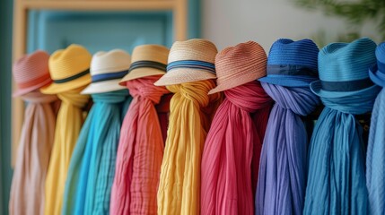 A hanger stand with colorful scarves and hats close up, focus on, accessory display, realistic, blend mode, chic hallway backdrop