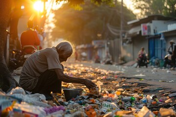 An elderly man collecting trash in a busy street in India at sunset, a powerful image of the harsh realities of poverty