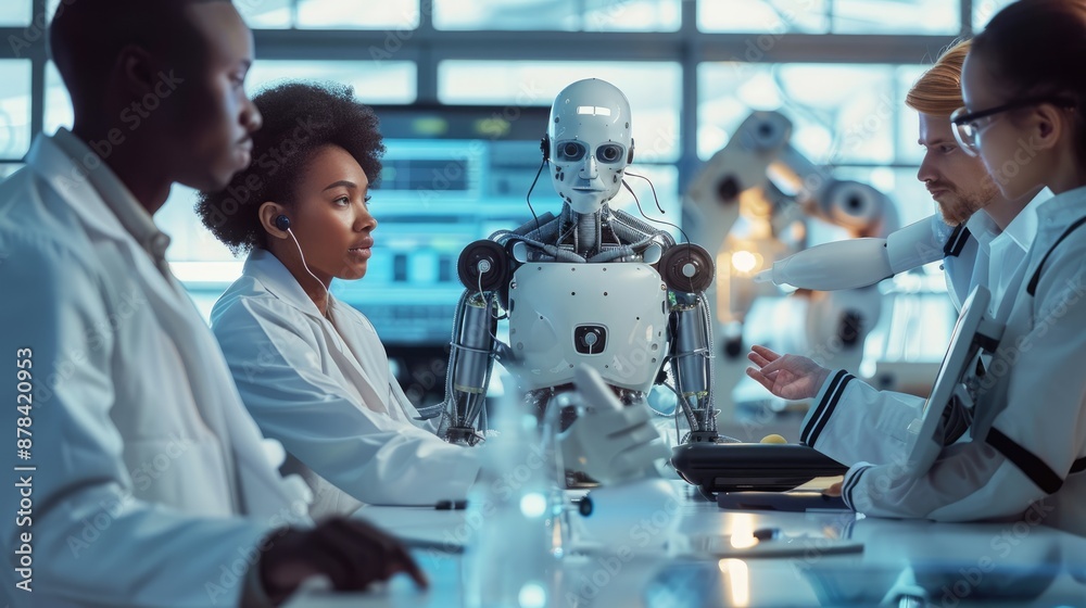 Poster scientists collaborating with ai robots in high-tech laboratory, researching artificial intelligence