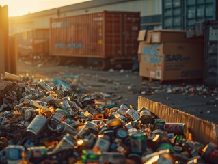 A cinematic close-up of recycled old items, including crushed cans and cardboard boxes, ready for processing