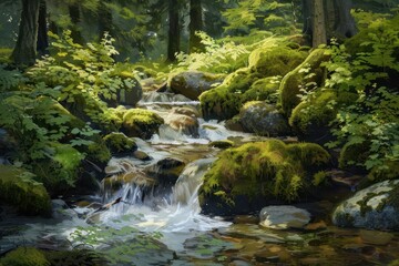 Obraz premium serene forest stream flowing over mossy rocks lush green foliage tranquil nature scene peace relaxation meditation digital painting