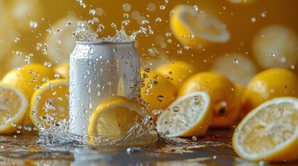 Lemon surrounding a silver soda can mockup photo with water splash product photography.