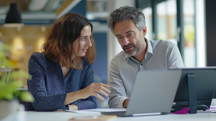 Fototapeta premium Man, woman, laptop screen viewing