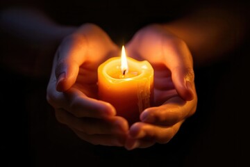 serene hands cradling flickering candle flame against dark background soft focus creating ethereal glow symbolic representation of hope and inner light