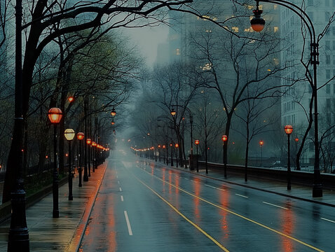 Empty Street in New York City, Manhattan, Fifth Ave with street light in the rain with street reflection and fog, cloudy moody artsy cinematic scene