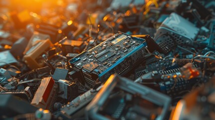 A close-up photograph of a pile of e-waste, including broken electronics and batteries, showing the textures and colors of the components