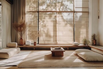 serene japandistyle living room with natural textures minimalist furniture and large windows flooding space with soft light