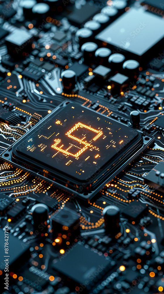 Poster futuristic microchip with information technology symbol and data flow across advanced circuit board,