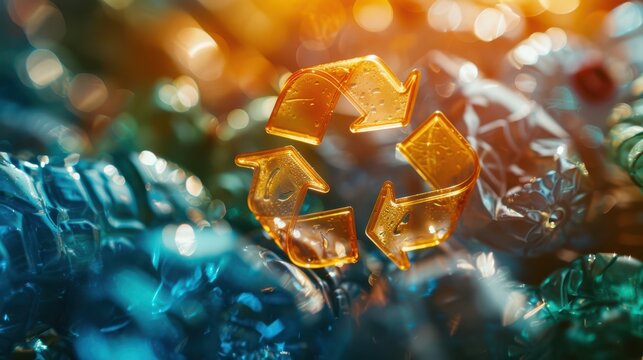 A close-up photograph of a recycling symbol on a plastic container, showing the embossed texture and clarity