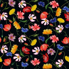 Hand drawn watercolor seamless pattern set with  wildflowers flowers and leaves a black background. Repeating floral pattern.