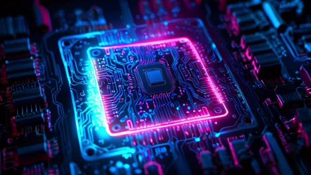 A glowing blue and pink circuit board with a central processor unit.