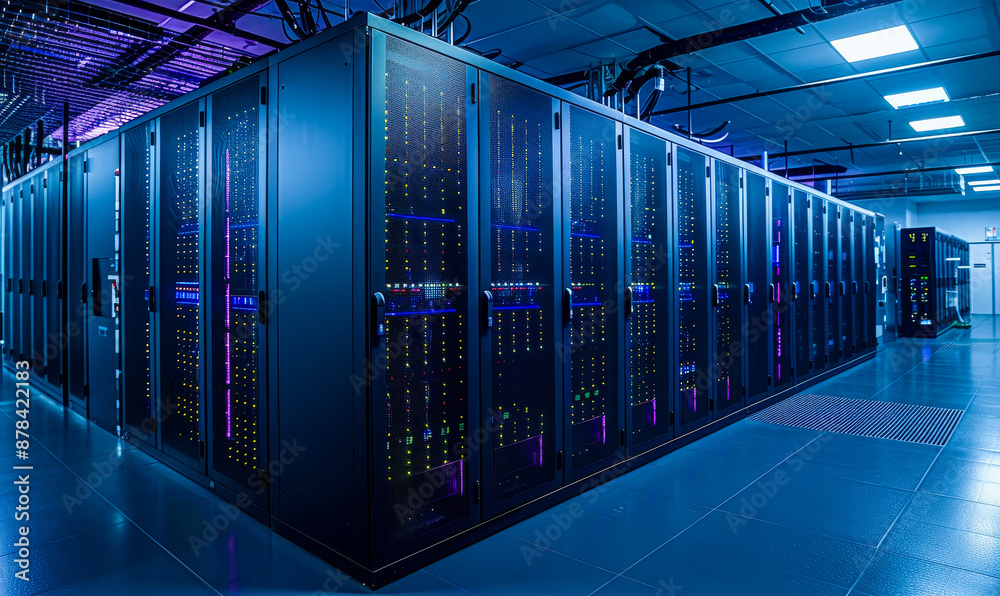 Poster modern data center with fully operational server racks, cloud computing, artificial intelligence, da