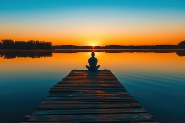 Obraz premium serene lakeside meditation scene at golden hour silhouetted figure on wooden pier reflects in still waters embodying mindfulness and tranquility