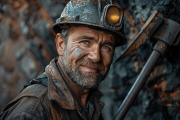Obraz premium A man wearing a hard hat and a dirty face is smiling