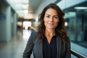 Portrait of a glad woman in her 30s showing off a thermal merino wool top while standing against sophisticated corporate office background