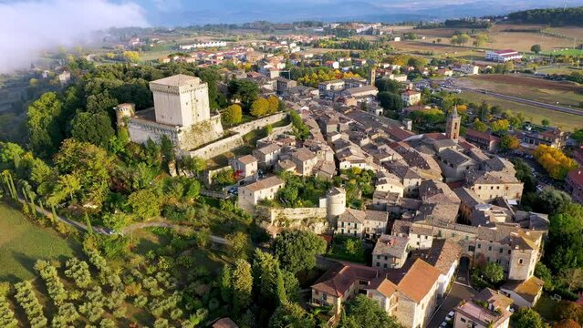Sarteano village in Tuscany, Italy. Sarteano, the medieval castle at the top of the village. Siena, Tuscany, Italy.