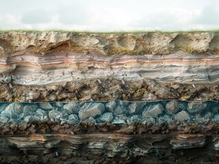 A cross-section of soil and rock layers, featuring underground water flow, with a detailed depiction of geological layers