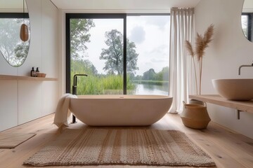 Fototapeta premium serene minimalist bathroom expansive white walls warm wooden floors freestanding oval bathtub large window with nature view plush area rug sleek fixtures zenlike atmosphere