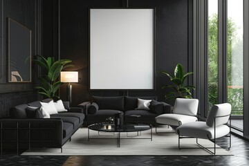 Modern living room interior with black walls, furniture, and a large empty canvas for mockup.