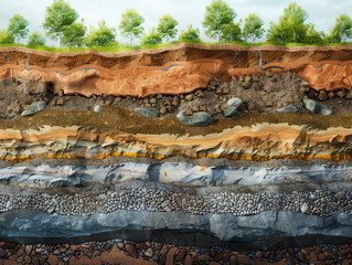 A detailed cross-section of soil and rock layers, showing underground water flow, with clear demarcation of each layer