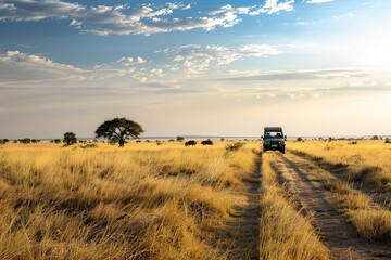 Safari Jeep Driving Through African Savanna