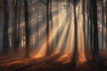 Fototapeta premium serene morning landscape in misty forest with sun rays filtering through trees nature photography