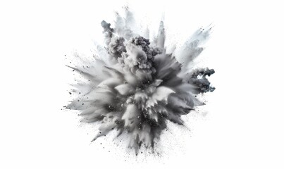 Una spettacolare esplosione di polvere grigia su sfondo bianco, catturata in un momento di intensa dinamicità.
