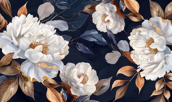 Fiori bianchi e foglie blu dorate su sfondo scuro creano un'elegante e armoniosa composizione artistica.