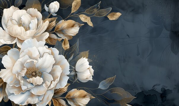 Fiori bianchi e foglie blu dorate su sfondo scuro creano un'elegante e armoniosa composizione artistica.