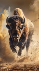 Fototapeta premium Charging bison kicks up dust in a vast landscape, embodying the wild spirit of the american west