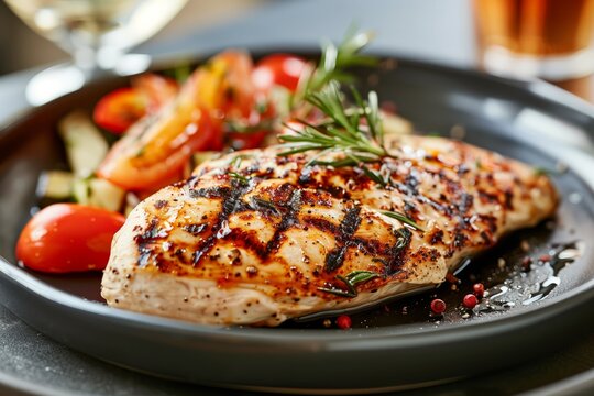 Petto di pollo alla brace con patate, servito in un ristorante di alto livello, gustoso e invitante.
