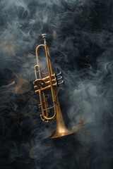 Abstract smoke billows around jazz brass trumpet.