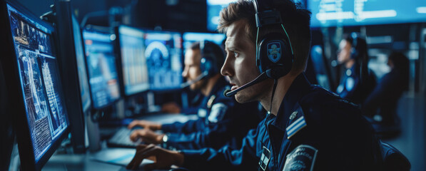 Cybersecurity specialist monitoring computer screens in a dark room