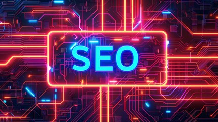 "SEO" text glowing in blue against a backdrop of red circuit board lines. This image represents digital marketing and technology.